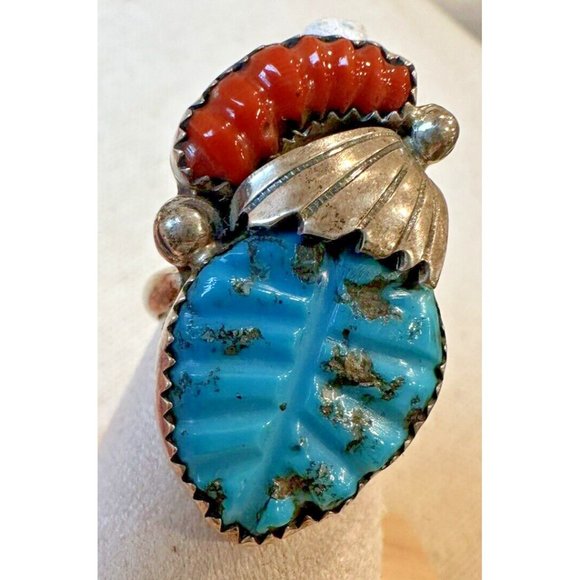 Lyolito Tsette ZUNI Native Sterling Silver CARVED TURQUOISE & CORAL Ring Size 6 - Picture 12 of 12